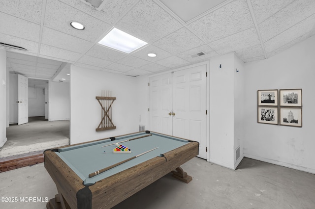 rec room with a drop ceiling and pool table