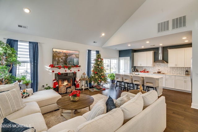 living room with dark hardwood / wood-style flooring, sink, and high vaulted ceiling