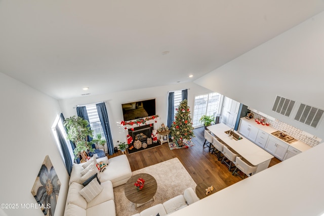 living room featuring a wealth of natural light, dark hardwood / wood-style flooring, and lofted ceiling