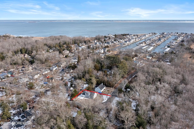 drone / aerial view featuring a water view