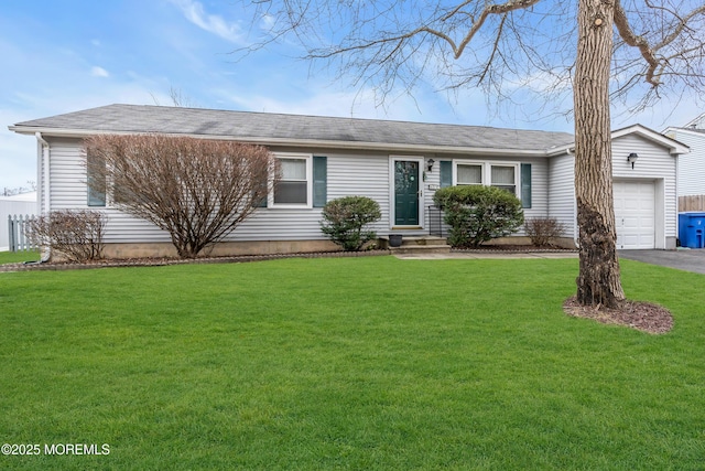 single story home featuring a garage and a front yard