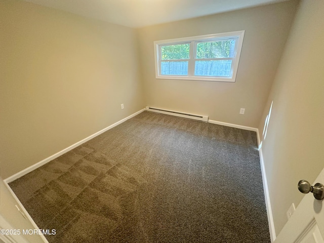 carpeted empty room with a baseboard radiator