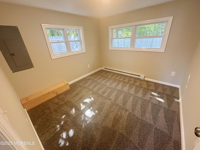 spare room featuring electric panel, a healthy amount of sunlight, carpet floors, and a baseboard radiator