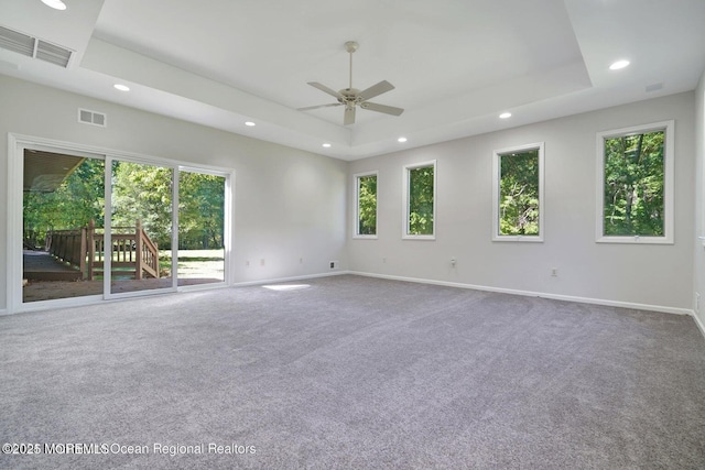 spare room with a tray ceiling, a wealth of natural light, ceiling fan, and carpet