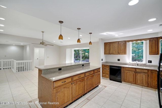 kitchen with ceiling fan, sink, decorative light fixtures, dishwasher, and lofted ceiling