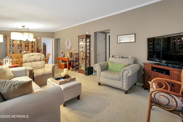 living room with carpet flooring, a chandelier, and crown molding