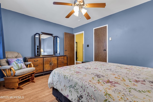 bedroom with ceiling fan and light wood-type flooring