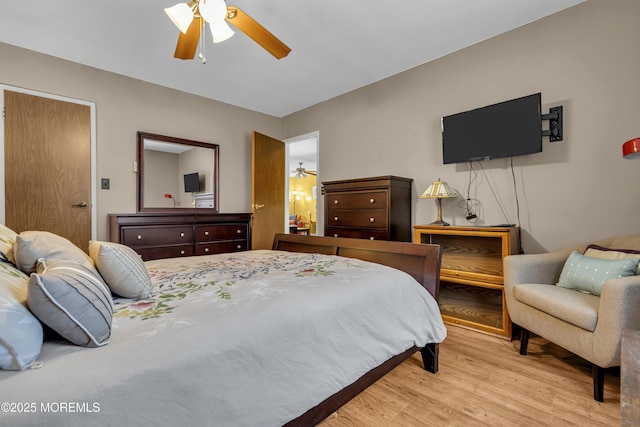 bedroom featuring ceiling fan and light wood-type flooring