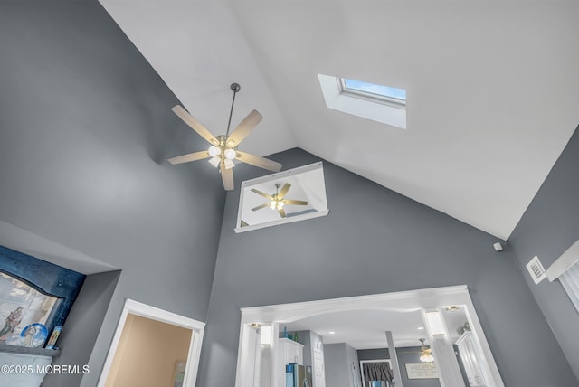 interior details with a skylight and ceiling fan