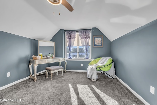 office area featuring carpet flooring, ceiling fan, and lofted ceiling