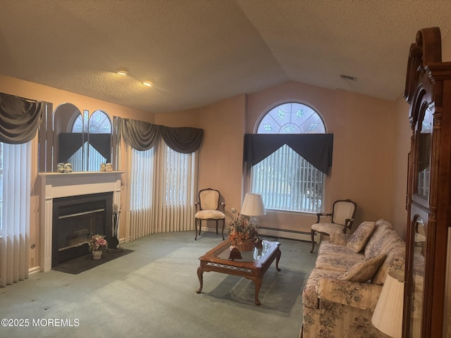 carpeted living room with lofted ceiling, a textured ceiling, and a baseboard heating unit