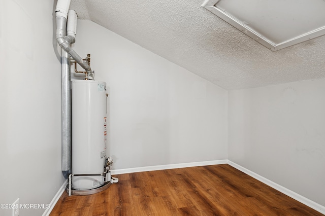 interior space featuring hardwood / wood-style flooring, a textured ceiling, gas water heater, and vaulted ceiling