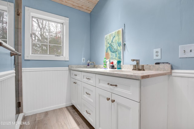 bathroom featuring wooden ceiling, wood-type flooring, and vanity