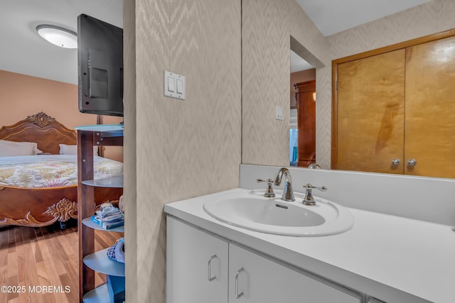 bathroom with hardwood / wood-style floors and vanity