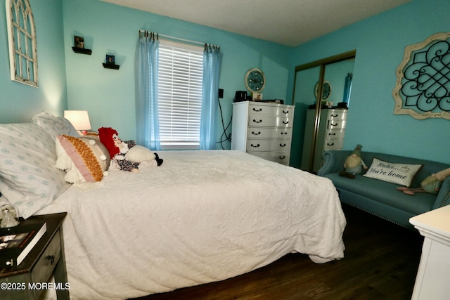 bedroom with a closet and dark wood-type flooring