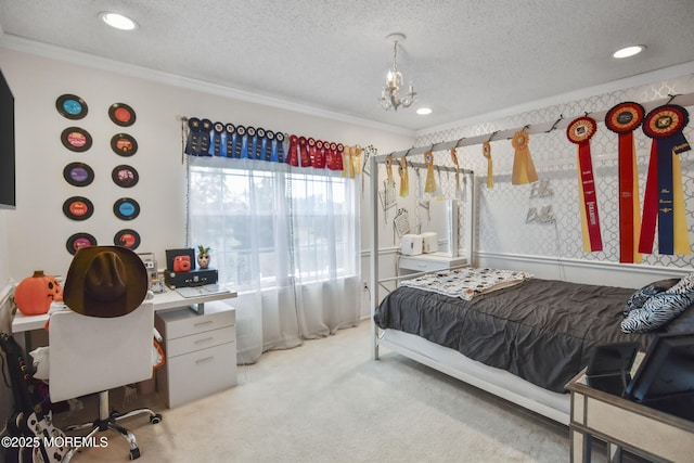 carpeted bedroom with a textured ceiling and crown molding