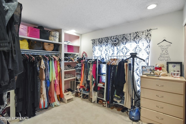 walk in closet with light colored carpet