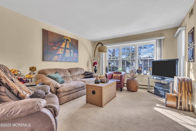 carpeted living room featuring a baseboard radiator