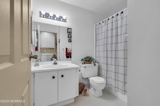 full bathroom with toilet, tile patterned flooring, shower / bathtub combination with curtain, and vanity