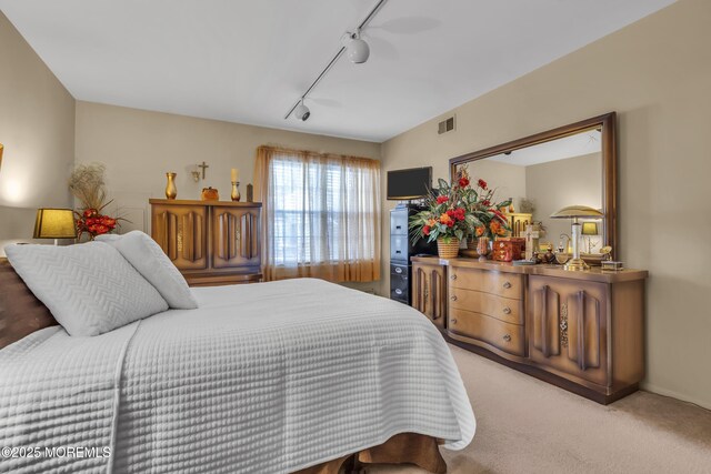 carpeted bedroom with track lighting