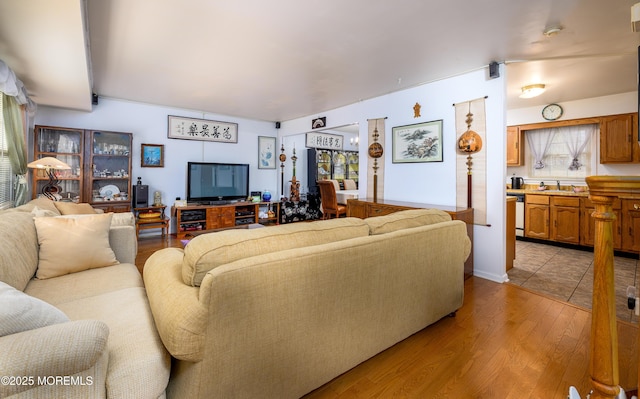 living room with sink and light hardwood / wood-style flooring