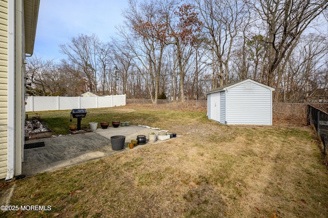 view of yard with a patio and a storage unit