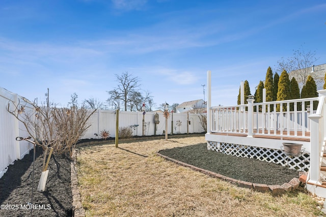 view of yard featuring a fenced backyard and a deck