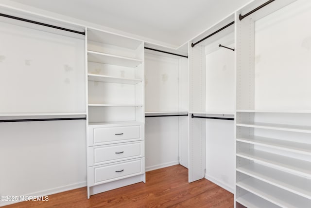 walk in closet with a barn door and wood finished floors