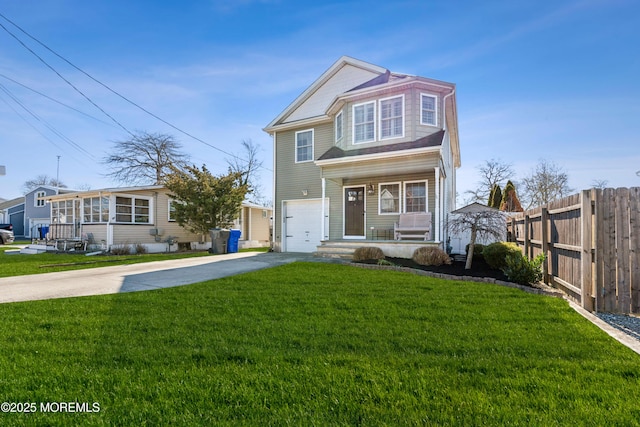 view of front of house featuring covered porch, an attached garage, fence, driveway, and a front lawn