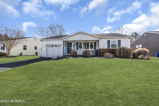 ranch-style house with a porch, a garage, and a front yard