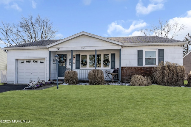 single story home with a front lawn, covered porch, and a garage