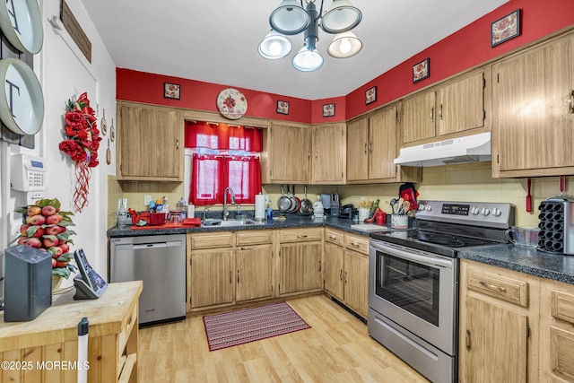 kitchen featuring tasteful backsplash, sink, light wood-type flooring, and appliances with stainless steel finishes