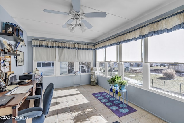 office area with ceiling fan and light tile patterned floors