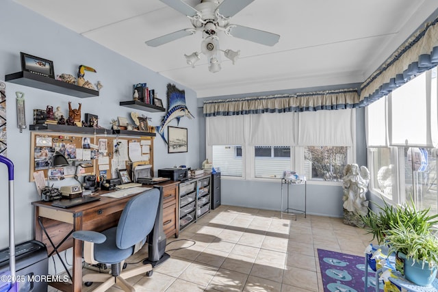 tiled office with ceiling fan