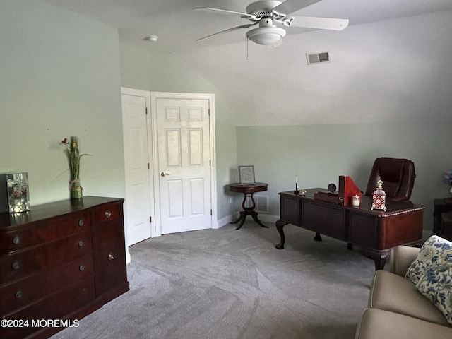 office space with carpet floors and ceiling fan