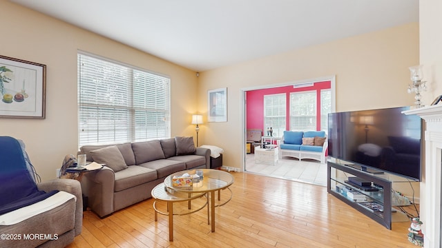 living room featuring a healthy amount of sunlight and light hardwood / wood-style flooring