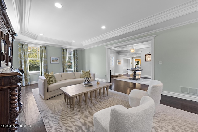 living room featuring a raised ceiling, crown molding, and wood-type flooring