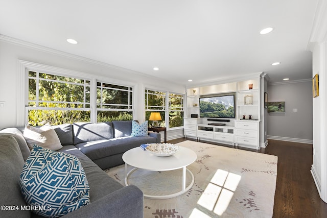 living room with dark hardwood / wood-style floors and crown molding