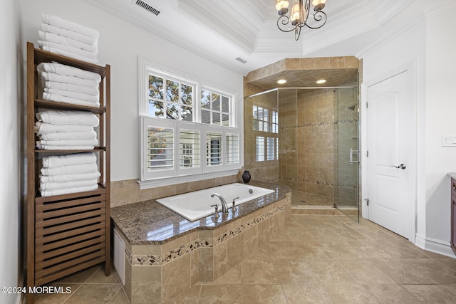 bathroom featuring vanity, crown molding, plus walk in shower, and an inviting chandelier