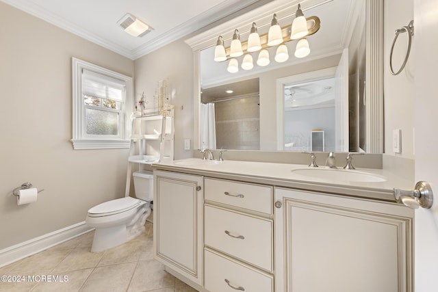 bathroom featuring walk in shower, ornamental molding, vanity, tile patterned flooring, and toilet