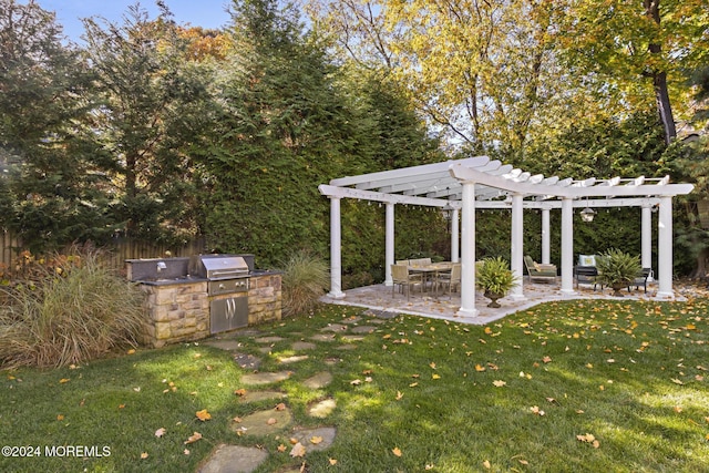 view of yard featuring a pergola, a patio, and exterior kitchen