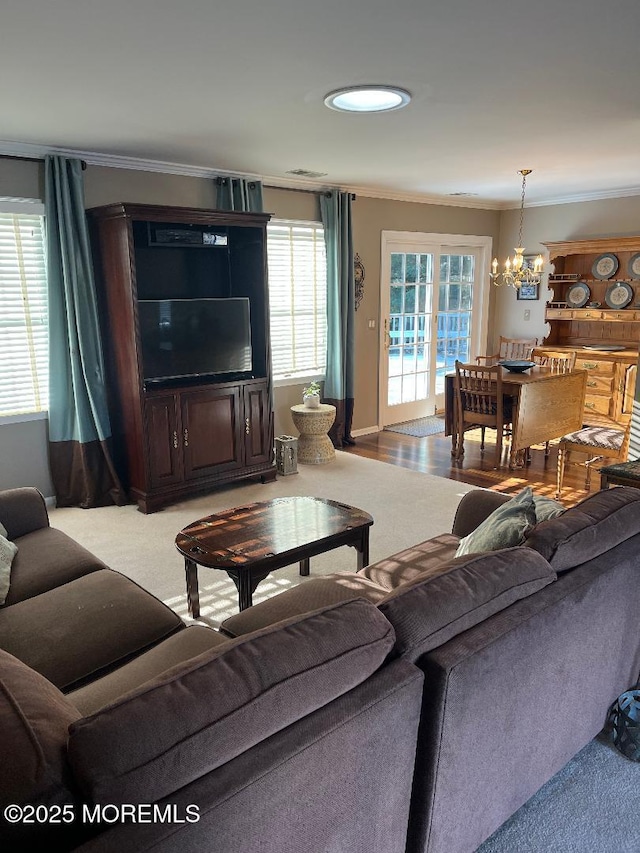 carpeted living room with a wealth of natural light, crown molding, and a notable chandelier