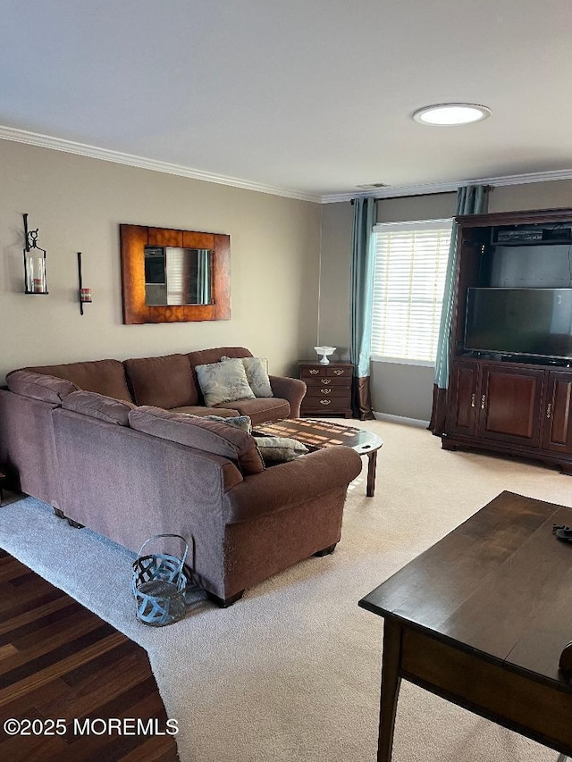 living room featuring crown molding and carpet floors