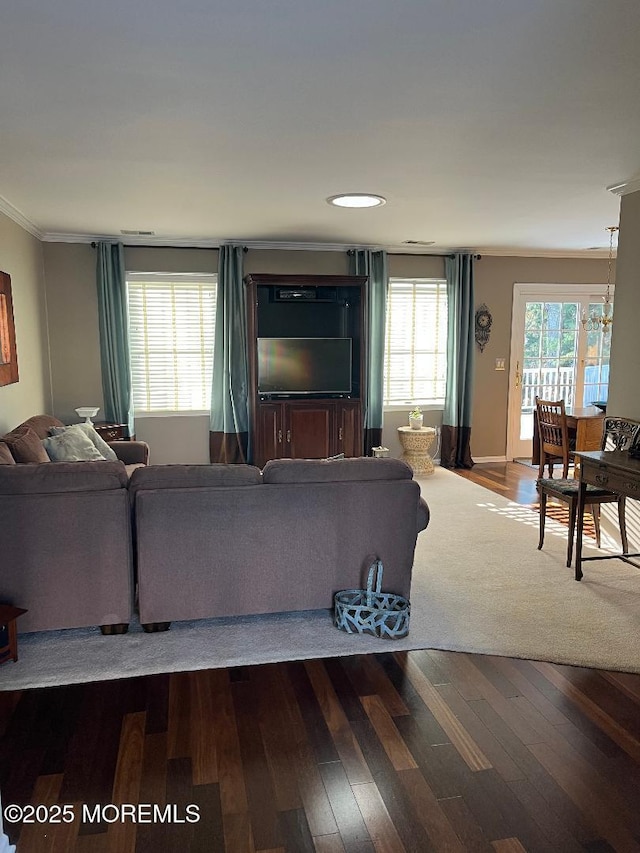 living room featuring crown molding, a healthy amount of sunlight, and hardwood / wood-style flooring