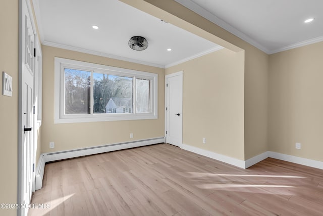 unfurnished room with baseboard heating, light wood-type flooring, and ornamental molding