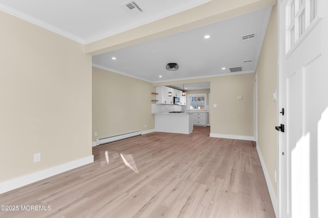 unfurnished living room featuring baseboard heating, ornamental molding, and light hardwood / wood-style flooring