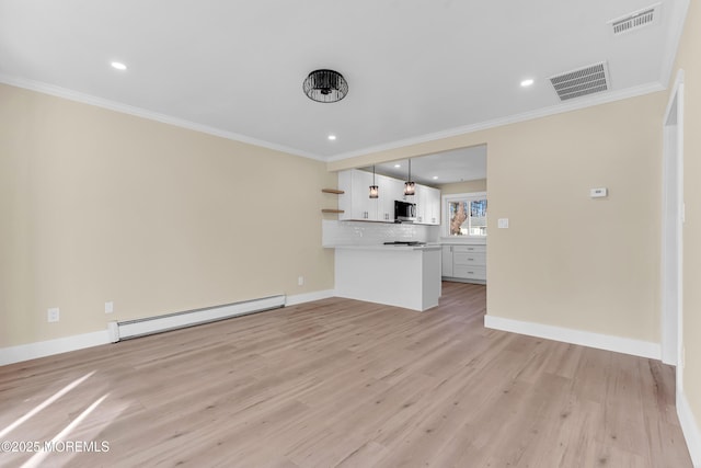 unfurnished living room with light hardwood / wood-style floors, baseboard heating, and ornamental molding