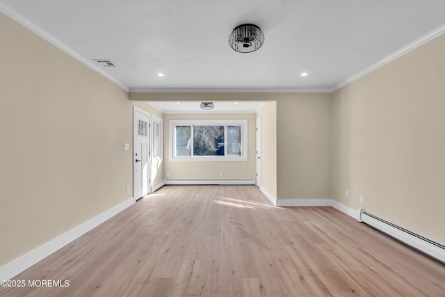 unfurnished living room with a baseboard heating unit, ornamental molding, and light hardwood / wood-style flooring