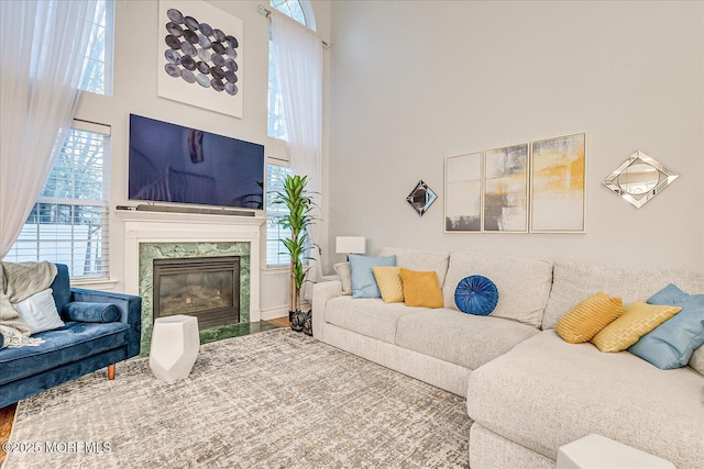 living room featuring hardwood / wood-style flooring, a premium fireplace, and a wealth of natural light