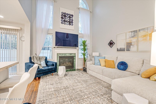 living room featuring hardwood / wood-style floors, a premium fireplace, a high ceiling, and a wealth of natural light